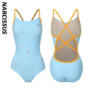 水仙SWIM橘子刺绣清新连体显瘦中叉新款 吊带三角游泳运动竞速泳衣