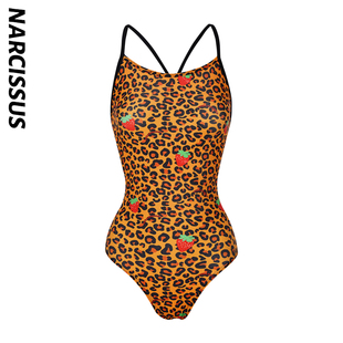 水仙草莓豹纹原创新款吊带三角连体单层游泳竞速女士中叉运动泳衣