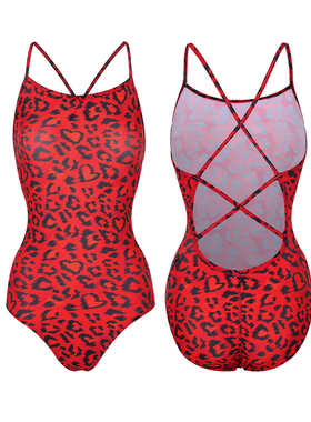 水仙SWIM高级感红色豹纹吊带连体竞速单层三角游泳衣运动游泳馆