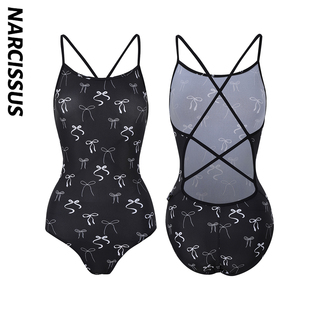 水仙SWIM黑色百搭蝴蝶结显瘦三角连体运动单层中叉竞技女式 游泳衣