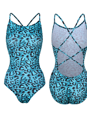 水仙SWIM高级感蓝绿色豹纹吊带连体竞速单层三角游泳衣运动游泳馆