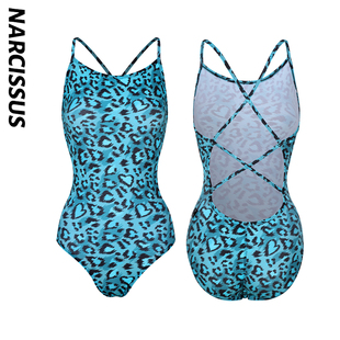 水仙SWIM高级感蓝绿色豹纹吊带连体竞速单层三角游泳衣运动游泳馆