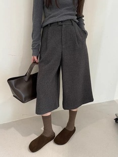 毛呢加厚阔腿裤女式秋冬季小个子宽松直筒裤高腰七分休闲裤子
