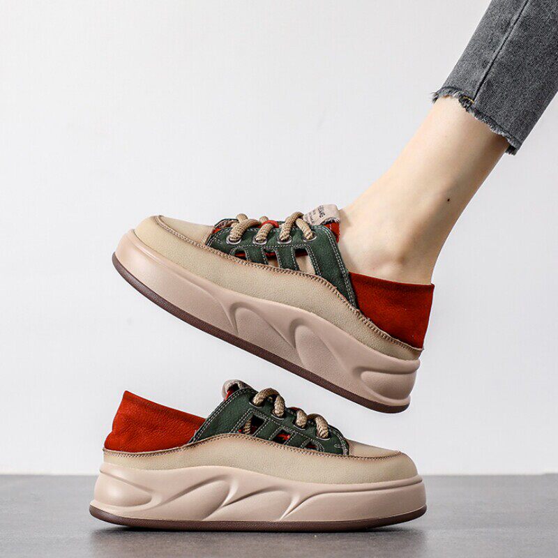 2026香港潮牌复古厚底镂空两穿牛皮板鞋女透气洞洞鞋凉鞋