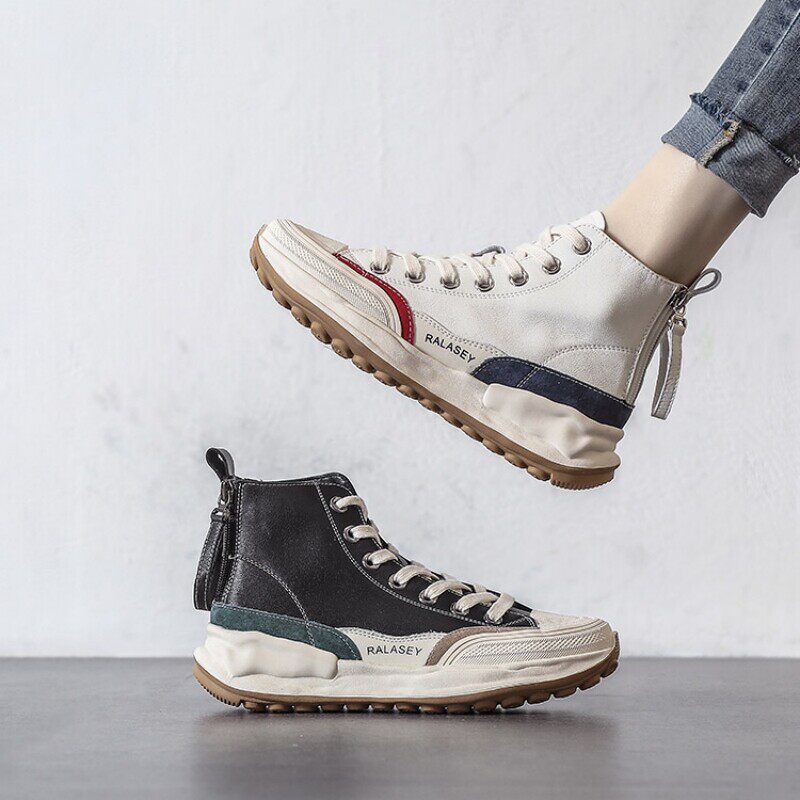 香港潮牌后拉链增高小白鞋 真皮圆头软底高帮女鞋2024新款