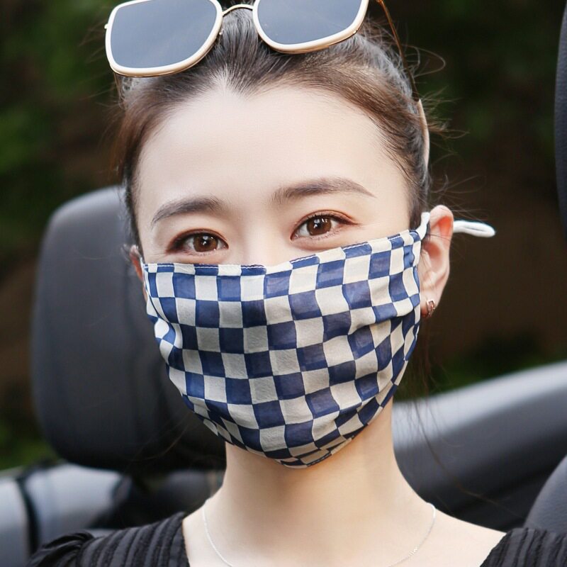 真丝口罩格子遮阳加厚加大黑色桑蚕丝防晒面罩可水洗防尘骑车女士