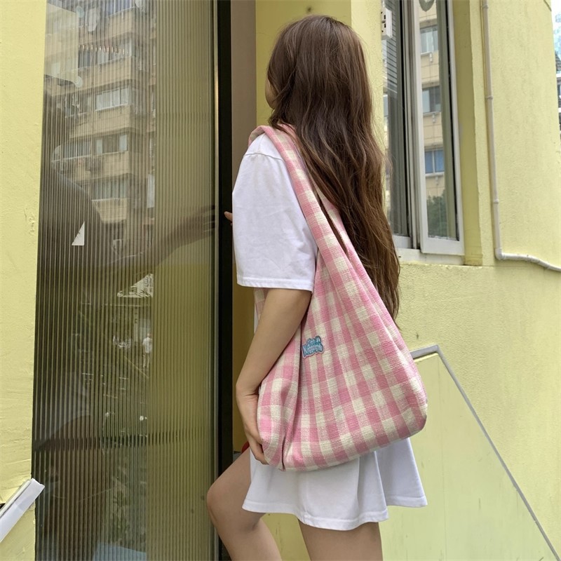 单肩帆布包包女格子夏天新款潮韩通用款女包