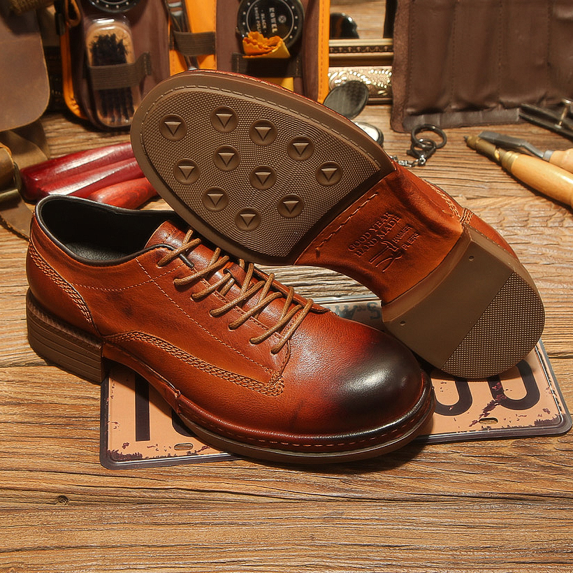 2024春季新款水洗马皮休闲皮鞋男韩版真皮潮流百搭英伦风复古皮鞋