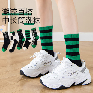 棋盘格长袜子女春夏季 ins潮高腰网红黑白格子纯棉韩国绿色中筒袜
