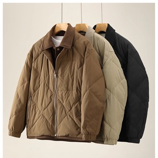 潮牌菱形压纹保暖轻盈羽绒夹克男秋冬假两件拼接白鸭绒美式外套