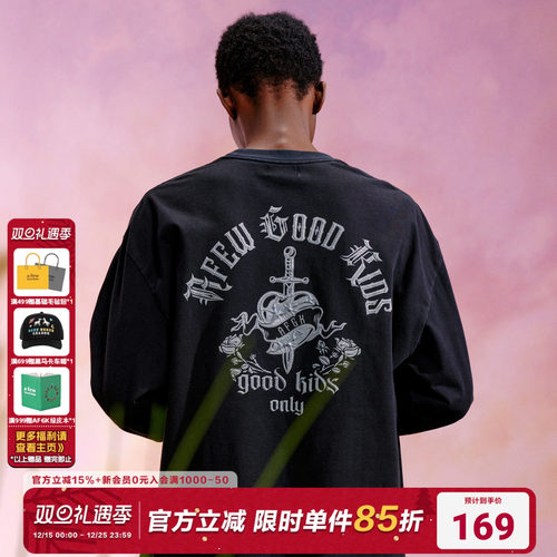 AFGK美式做旧玫瑰刺绣长袖T恤