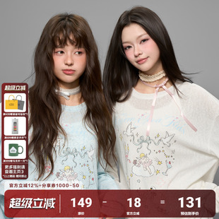 针织镂空透气长袖 T恤宽松百搭上衣 美式 AFGK25FW手绘涂鸦天使罩衫