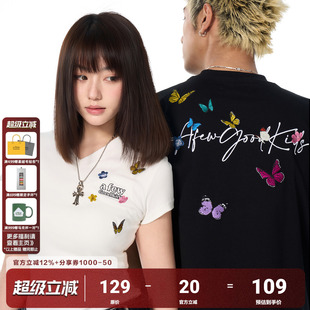 T恤男女同款 AFGK环绕蝴蝶刺绣短袖 夏季 V领正肩显瘦修身 上衣 情侣装