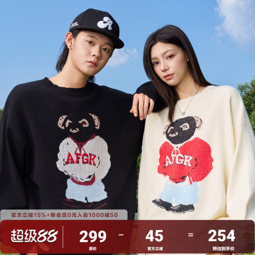 AFGK美式复古小熊提花圆领毛衣