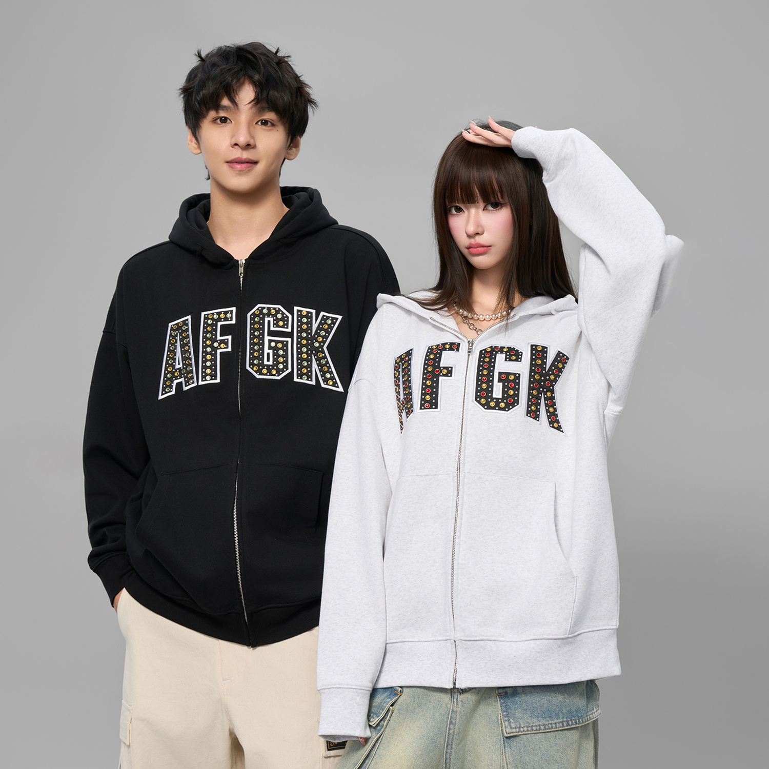 AFGK25FW彩钻休闲拉链连帽卫衣