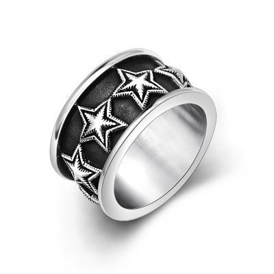 雕花五角星超宽戒指钛钢饰品 特色花纹潮男个性指环生日礼物SA968