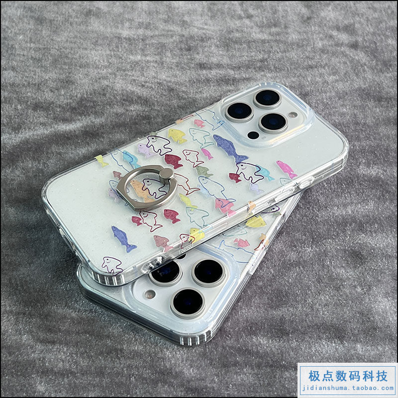 日韩ins风彩色线条小鱼适用苹果16promax手机壳女款iphone17内置指一体环扣支架15硅胶透明软壳14可爱小清新 - 实物图