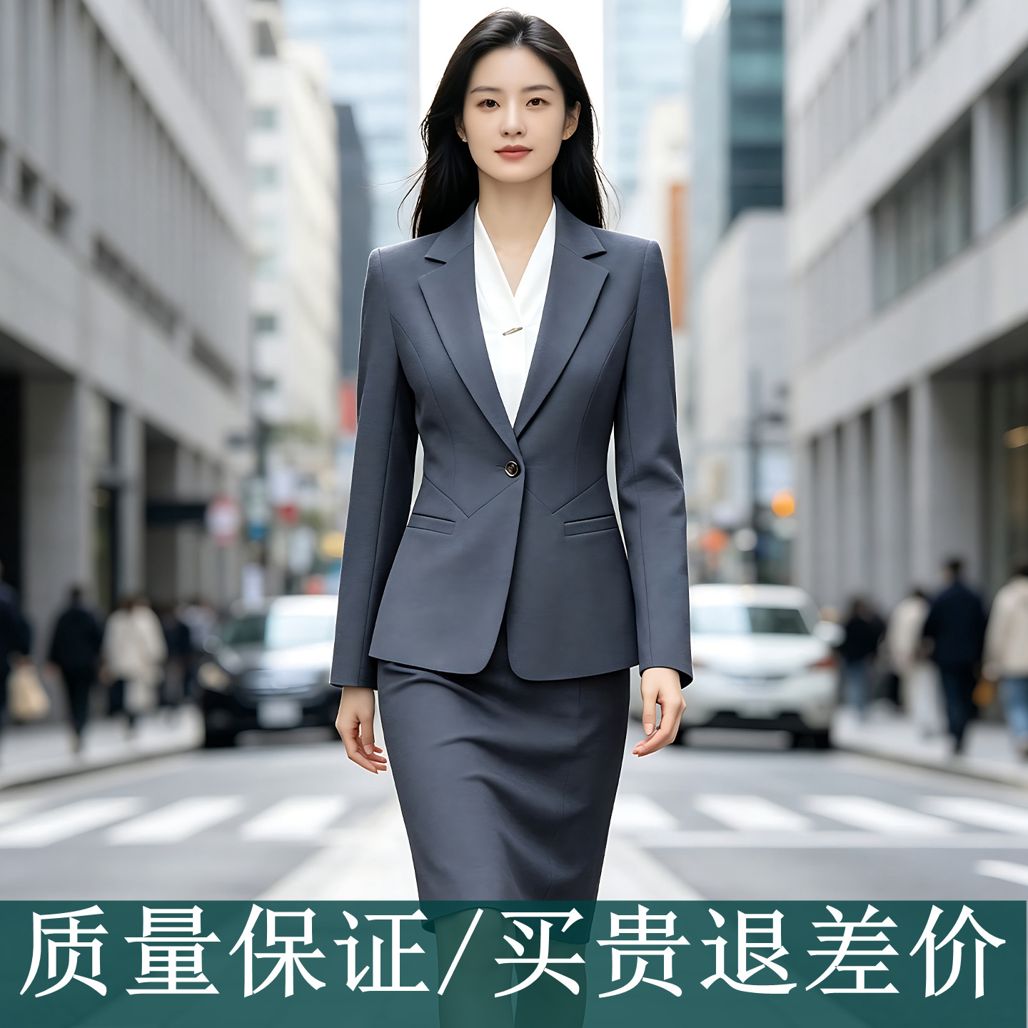 商务灰一粒扣修身西装套装女