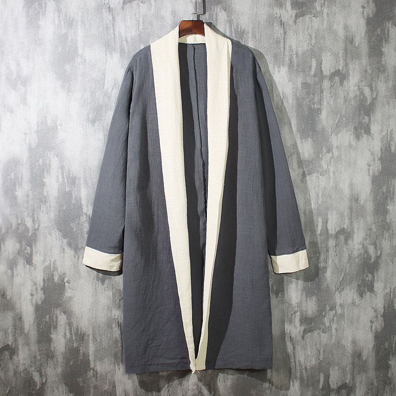 봄과 가을 새로운 리넨 도교 가운 남성용 중간 길이 윈드 브레이커 중국 스타일 남성 의류 느슨한 고대 스타일 HANFU 불교 망토