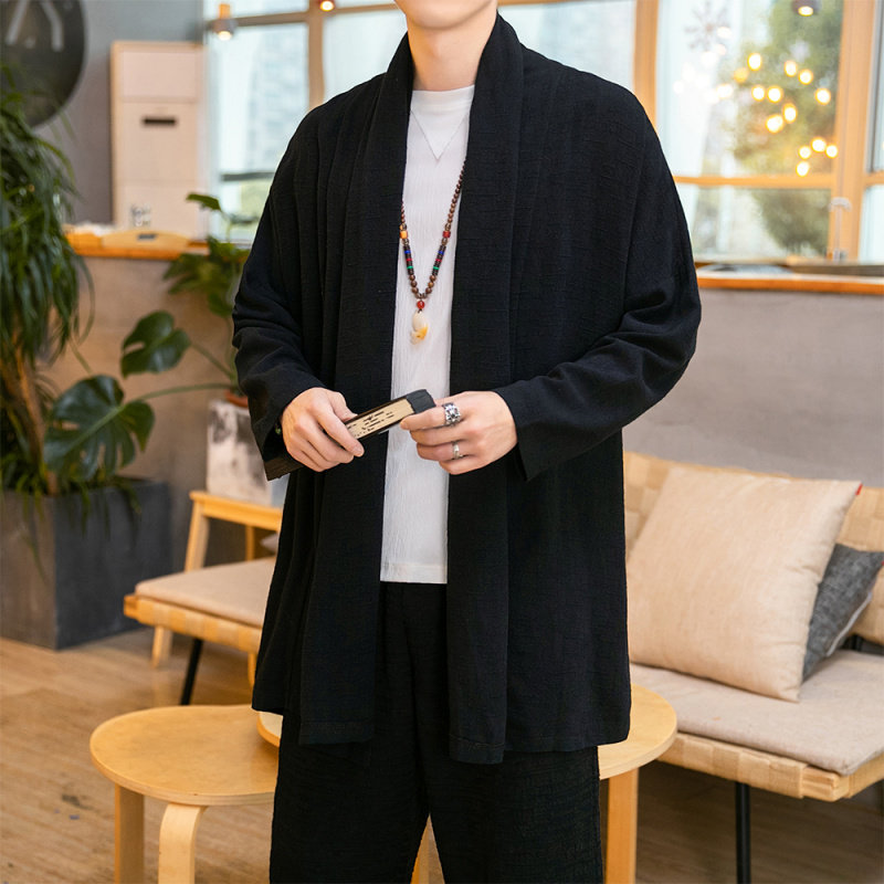 중국 스타일 남성 면화 및 린넨 개선 HANFU 망토 가디건 남성 느슨한 대형 중간 길이 윈드 브레이커 불교 도교 가운 봄