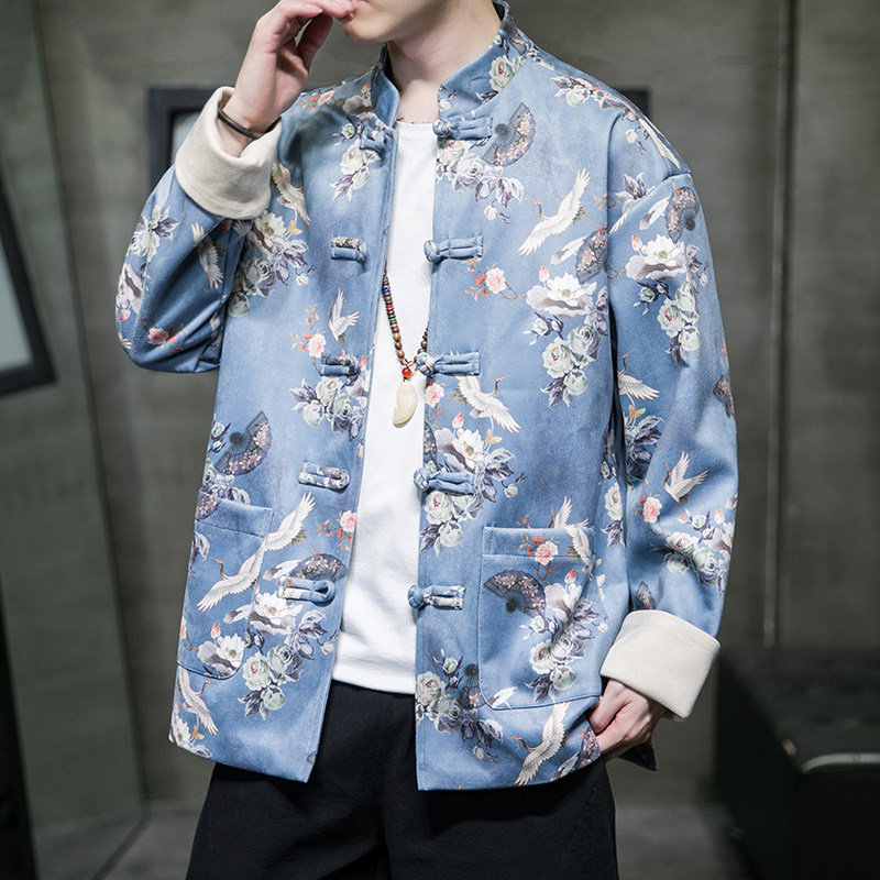 봄과 가을 대형 재킷 남자 중국 스타일 복고풍 플레이트 버클 당나라 정장 크레인 인쇄 골동품 HANFU 스웨이드 재킷