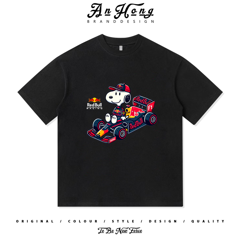 F1红牛车队史努比卡漫印花美式重磅纯棉短袖宽松男装T恤情侣衣服
