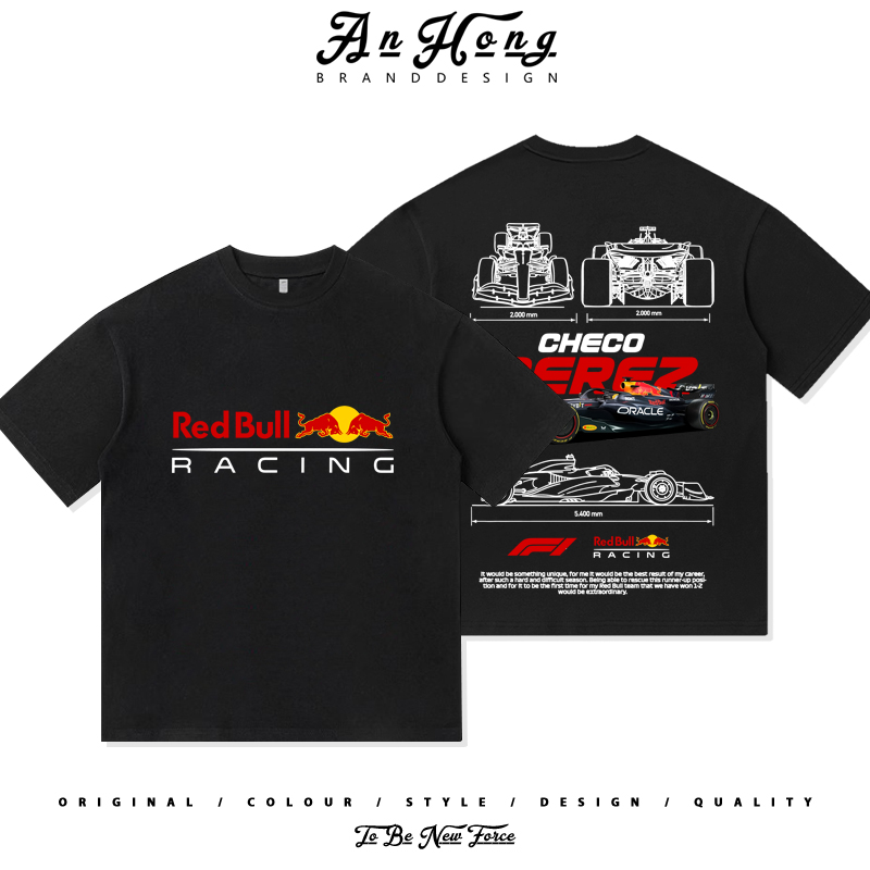 F1红牛车队比赛车服美式重磅纯棉短袖T恤衫夏季休闲高街男装上衣