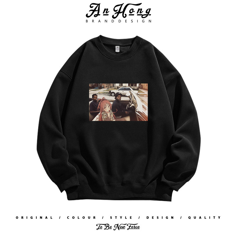 美式设计瓦伊芙兹与京子樱复古印花高街百搭卫衣纯棉男装长袖T恤