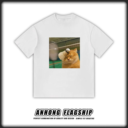 趣味猫猫打羽毛球可爱卡通表情美式直喷印花T恤重磅纯棉短袖男装