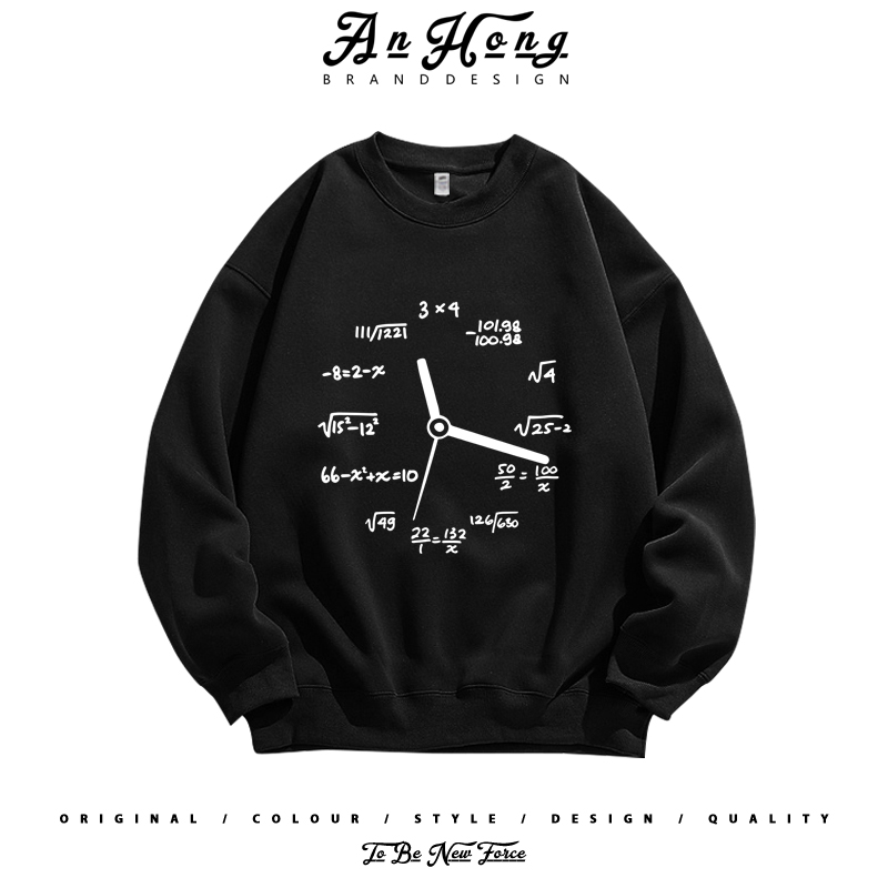 美式创意数学公式时钟小众设计感纯棉卫衣男装高街百搭长袖T恤衫