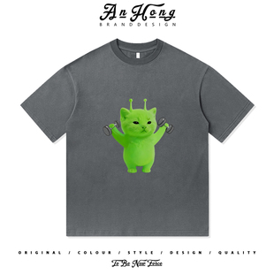 高街男装 T恤衫 纯棉百搭短袖 趣味搞怪哈基米外星人猫咪举重GYM美式