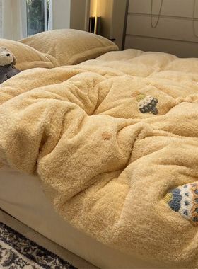 ins冬季加厚泰迪绒黄色毛巾绣圣诞树牛奶绒四件套珊瑚绒1.5m1.8米