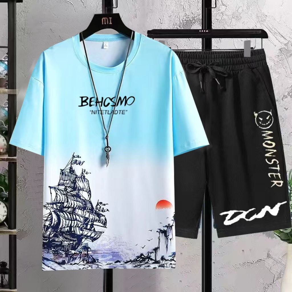 短袖套装男士夏季新款青少年休闲运动一套学生韩版潮流帅气两件装