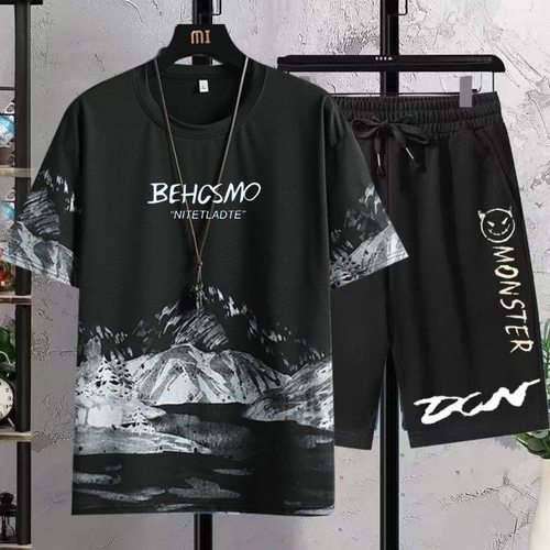 清仓捡漏休闲套装男短袖t恤夏季学生时尚百搭冰丝上衣短裤两件套