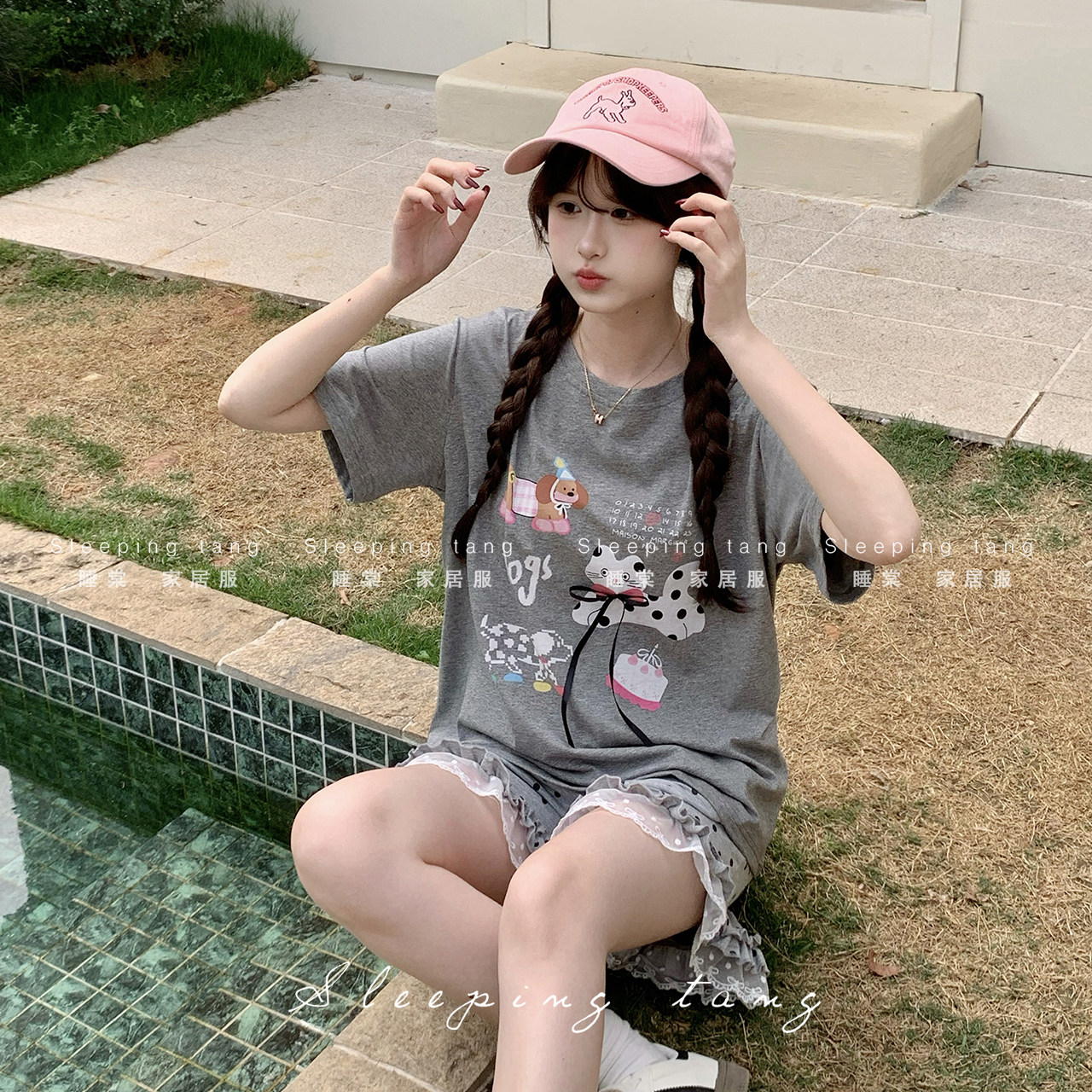 2025夏季新款抗菌纯棉短袖卡通组合睡衣蕾丝短裤家居服套装女士