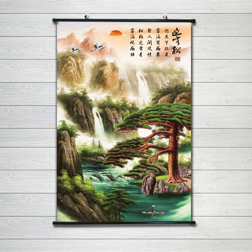 迎客松壁画客厅装饰画沙发背景墙山水画流水生财招财旭日东升国画
