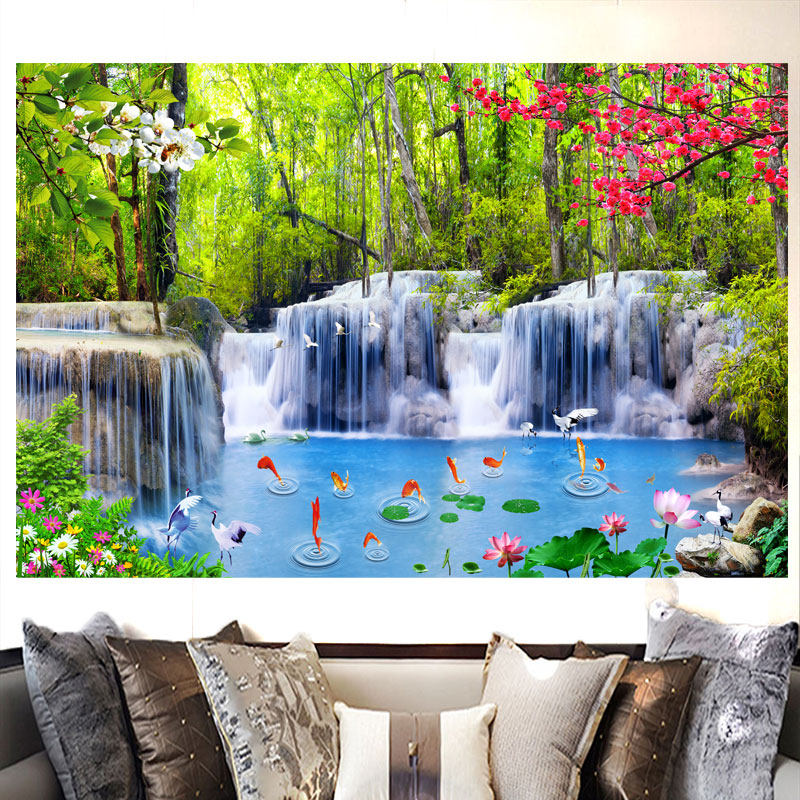 树林瀑布九鱼荷花图自然风景海报贴纸壁画流水生财客厅背景墙贴画,家居饰品,现代装饰画,淘宝优惠券,粉丝福利购,淘宝优惠卷