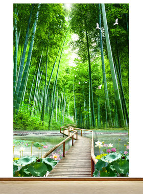 竖版竹林山水画荷花小桥流水仙鹤绿色竹子装饰画小溪招财贴纸墙画