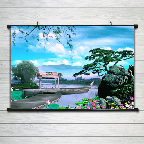 现代中式无框壁画客厅山水风景装饰画迎客松纸画墙贴卧室年画挂画图片