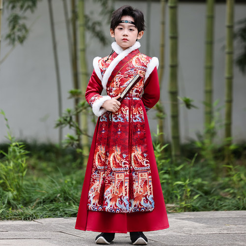 儿童汉服男童拜年2025新款中国唐装冬季古装演出服加绒加厚国学服
