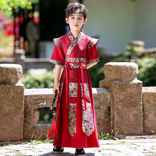 花木兰儿童演出服汉服男童锦衣卫仙侠风飞鱼剑客武侠短袖演出服夏