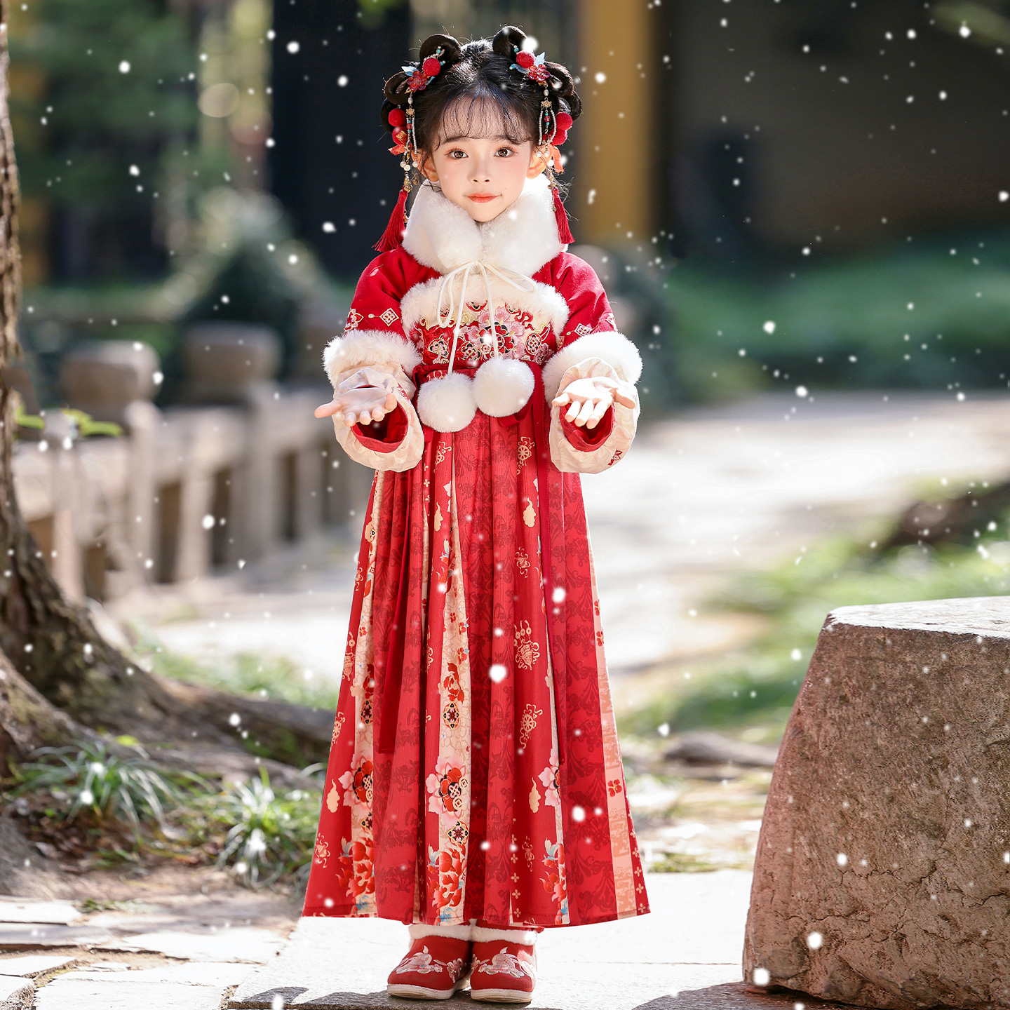 汉服女童冬季2025新款加绒连衣裙古装儿童唐装女孩过年加厚拜年服