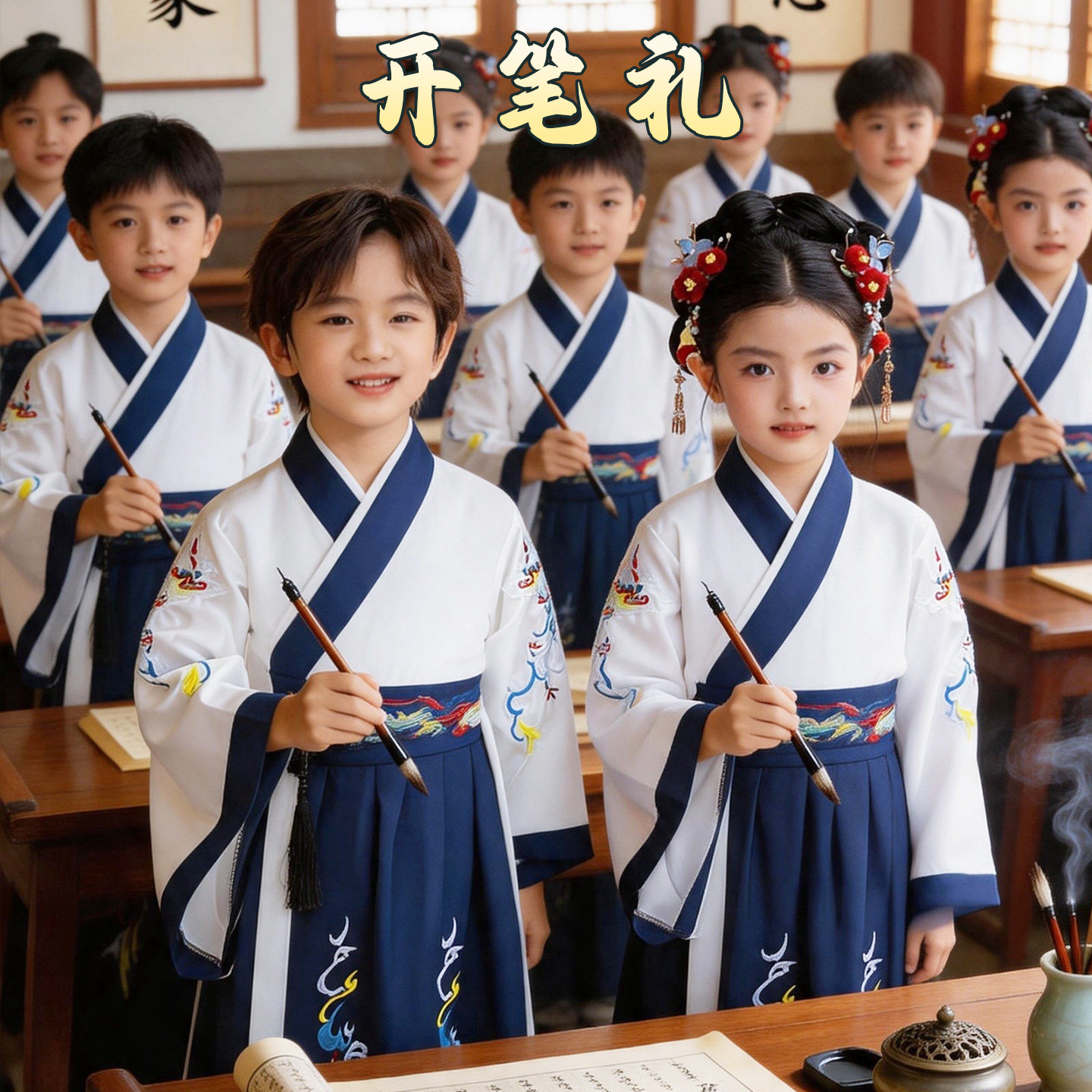 儿童汉服国学服小学开笔礼三字经书童演出服男女童中秋节表演服装