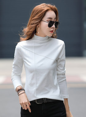 蓝色半高领打底衫女秋冬内搭秋衣发热保暖内衣单件德荣打底衣小衫
