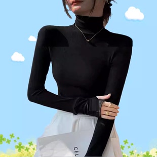 螺纹棉高领体恤女2024新品大码胖MM连手套上衣骑行开车指套打底衫
