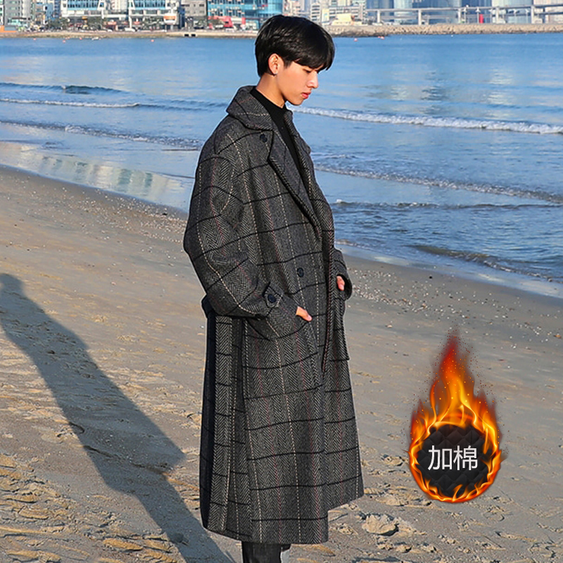 秋冬毛呢大衣男韩版宽松过膝中长款格子风衣加厚外套ＭX909-P155，男装毛呢大衣，星座713-1
