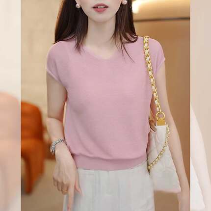桑蚕丝短袖t恤女新款夏季冰丝针织衫V领纯色时尚遮肉减龄上衣女