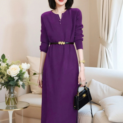 气质针织过膝连衣裙女秋冬新款