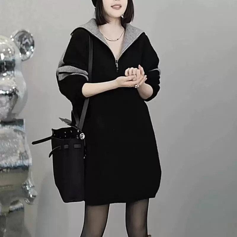 慵懒风宽松加厚套头针织衫半拉链撞色中长款高领毛衣女秋冬季新款