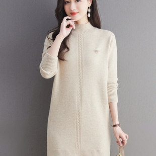 套头显瘦打底衫 内搭时尚 针织毛衣裙女中长款 静奢风半高领秋冬新款